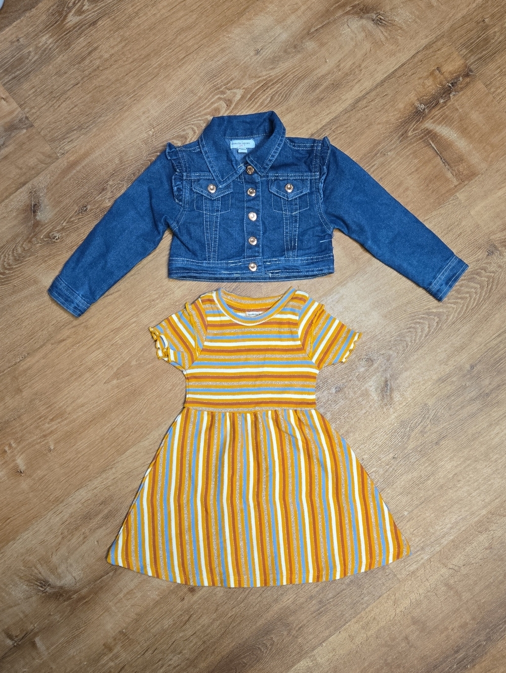 ☀️Nanette Lepore Blue Denim Jacket With Yellow Striped Dress 24m NWOT - Picture 2 of 5